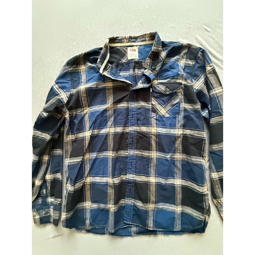 Levis Mens XXL Blue Black Plaid Long Sleeve Button Down Shirt Flannel Style